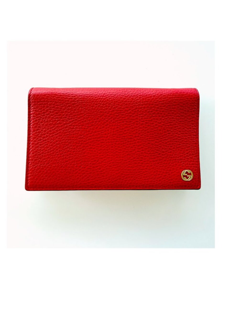 Gucci Interlocking G WOC Authentic Red Pebbled Leather Wallet on Chain Gold Tone